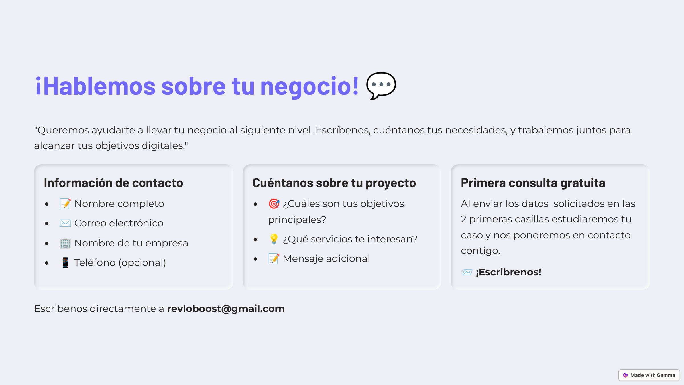 Sección de contacto de RevloBoost con instrucciones para proporcionar información de contacto, detalles del proyecto y la opción de primera consulta gratuita."